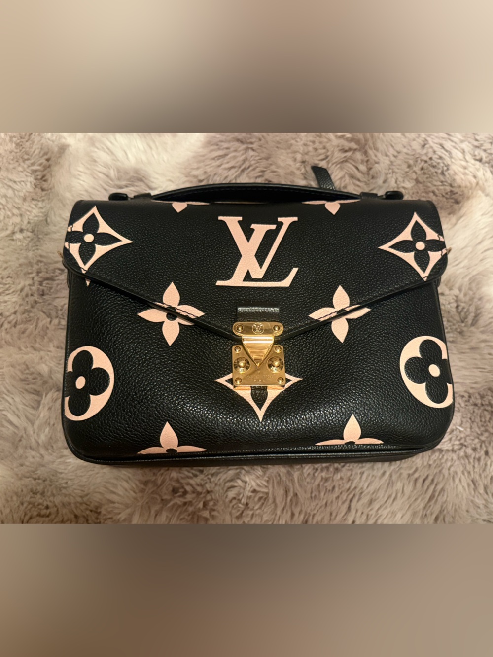 Louis Vuitton Black and Light Beige Monogrammed Satchel with Gold Lock